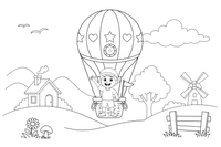 A child waving from a hot air balloon basket – Colorful Hot Air Balloon coloring page