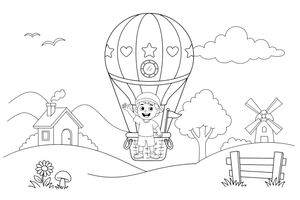 A child waving from a hot air balloon basket – Colorful Hot Air Balloon coloring page