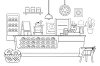 A donut shop counter with rows of donuts on display and a menu – Glazed Donut Sweets coloring page