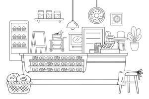 A donut shop counter with rows of donuts on display and a menu – Glazed Donut Sweets coloring page