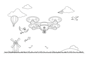 A small drone with four spinning propellers flying in the sky – Air coloring page