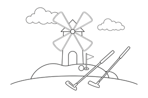 A mini golf course with a windmill obstacle and a putter – Fun & Leisure Place coloring page