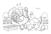 A rooster with a hen and little chicks – Rooster Farm Animal coloring page