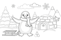 A penguin next to an igloo – Penguin Arctic Adventure coloring page
