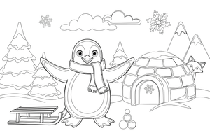 A penguin next to an igloo – Penguin Arctic Adventure coloring page