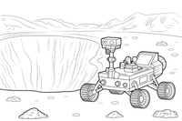 A space rover next to a big crater – Space Rover Trails coloring page