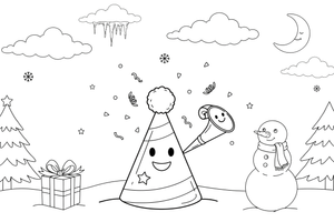 A party hat and a horn with confetti – New Year Winter Celebration coloring page