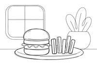A burger with fries on a plate – Yummy Meals coloring page