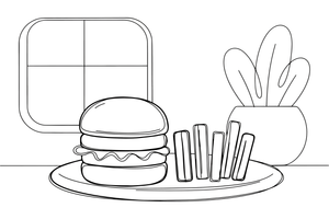 A burger with fries on a plate – Yummy Meals coloring page