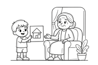 A child showing grandma a drawing they made – Cherished Grandparent Family coloring page