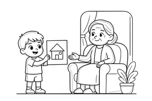 A child showing grandma a drawing they made – Cherished Grandparent Family coloring page