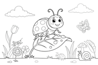 A ladybug on a green leaf with dewdrops – Ladybug coloring page