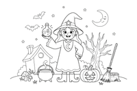 A witch holding a glowing potion bottle – Witch coloring page