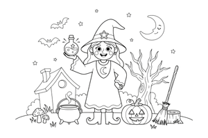 A witch holding a glowing potion bottle – Witch coloring page