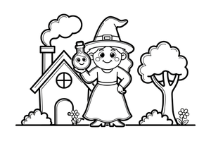 A witch holding a glowing potion bottle – Witch coloring page