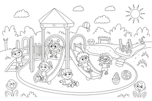 A sunny park playground with children – Playground coloring page