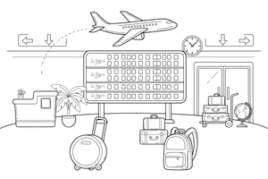 A departure board showing rows of little plane pictures – Travel & Journeys Place coloring page