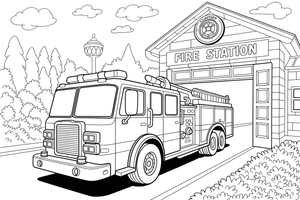 A fire truck driving out of the station – Fire Station coloring page