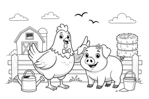 A chicken next to a pig at the farm – Chicken Family Life coloring page