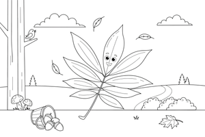 One big chestnut leaf with several long leaflets – Vibrant Leaves Tree coloring page