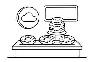 A donut shop counter with rows of donuts on display and a menu – Glazed Donut Sweets coloring page