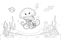 A mother jellyfish floating with two tiny baby jellyfish – Glowing Jellyfish coloring page