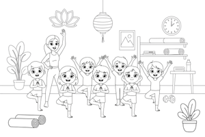 A whole yoga class in tree pose in a row – Yoga coloring page