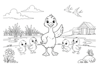 The little duckling looking a bit different, standing among the others – The Ugly Duckling Story coloring page