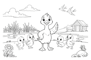 The little duckling looking a bit different, standing among the others – The Ugly Duckling Story coloring page