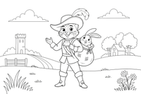 Puss in Boots catching a rabbit in his sack in the meadow – Puss in Boots Story coloring page
