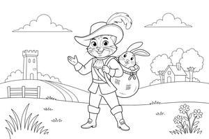 Puss in Boots catching a rabbit in his sack in the meadow – Puss in Boots Story coloring page