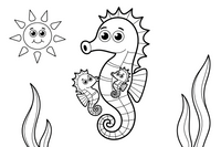 A mother seahorse with two tiny baby seahorses, all tails curled – Playful Seahorse coloring page