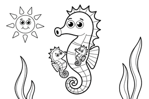 A mother seahorse with two tiny baby seahorses, all tails curled – Playful Seahorse coloring page
