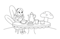 Alice sitting at the tea party with mismatched cups all around – Alice in Wonderland Story coloring page