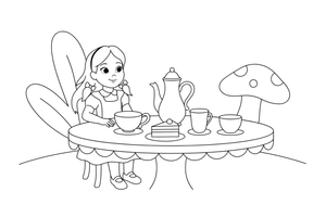 Alice sitting at the tea party with mismatched cups all around – Alice in Wonderland Story coloring page