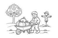 A child pushing a wheelbarrow full of big pumpkins – Autumn Harvest coloring page
