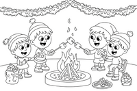 Children toasting marshmallows at the fireplace – Christmas Winter Festivities coloring page