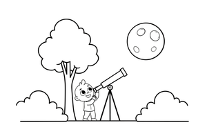 A child looking at the moon through a telescope – The Moon coloring page