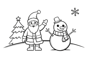 Santa waving next to a snowman – Santa Christmas Winter coloring page