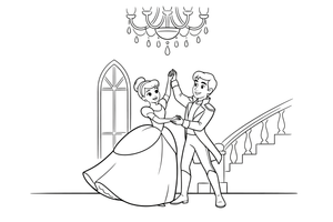 Cinderella and the prince dancing under a big chandelier – Charming Cinderella Story coloring page