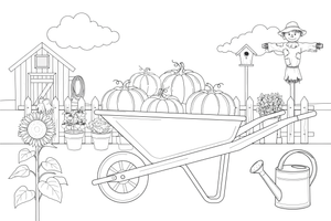 A wheelbarrow full of pumpkins – Classic Garden Tools coloring page