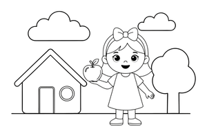 A girl with a bow holding a shiny apple – Fairytale Stories coloring page