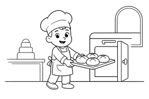 A baker taking a tray out of the oven – Cozy Bakery Place coloring page