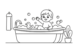 A child taking a warm bath with bubbles and a rubber duck – Daily Routine Activities coloring page