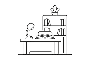 A reading lamp on a wooden desk with an open book – Cozy Library Place coloring page