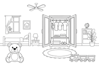A wardrobe with the doors open and clothes inside – Around the House Object coloring page