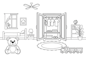 A wardrobe with the doors open and clothes inside – Around the House Object coloring page
