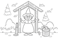 A old witch with a pointy hat standing at her door – Hansel and Gretel Story coloring page