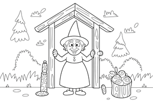 A old witch with a pointy hat standing at her door – Hansel and Gretel Story coloring page
