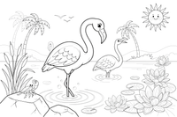 A flamingo standing on one leg in the water – Flamingo Pond coloring page